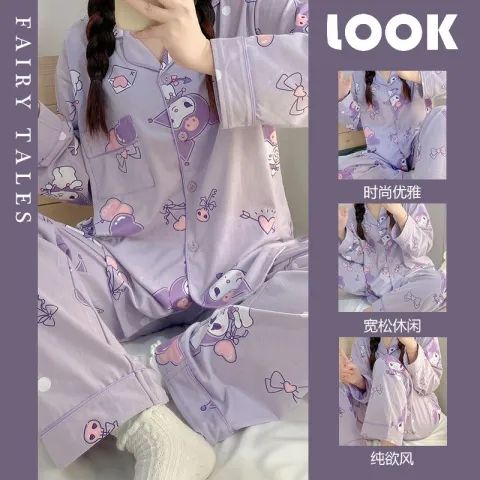 Spring and Autumn Long Sleeve Trousers Cardigan Lapel Imitation Cotton 180g Pajamas Women's Sweet Cartoon Home Clothing Women's Set