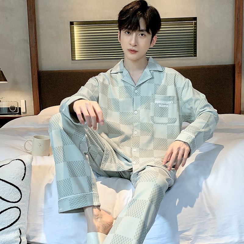 Spring and Autumn Pure Cotton Men's Lapel Cardigan Long Sleeve Pajamas Men's Set Casual Home Clothing
