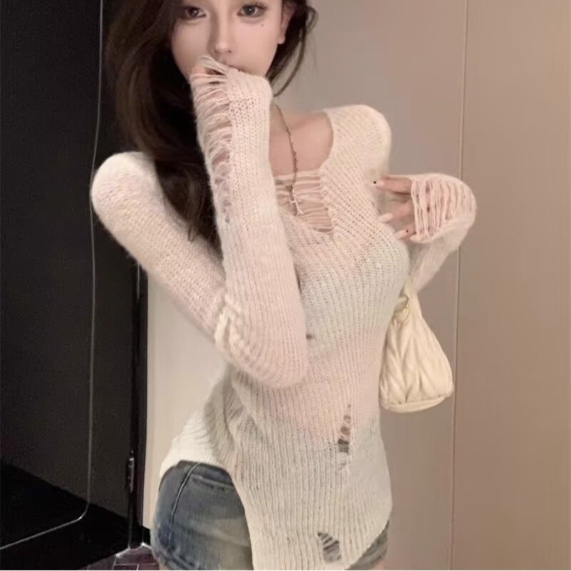 Pure sexy hot girl sexy V-neck top for women in autumn and winter irregular knitted base shirt with a sense of distant inner wear sweater