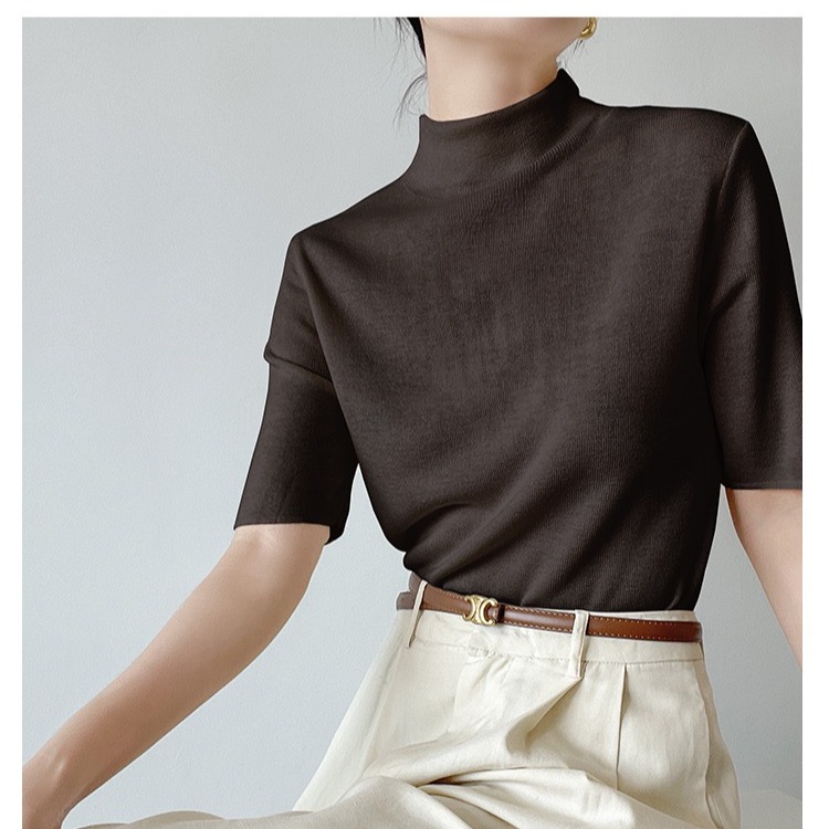 Half-high neck short-sleeved sweater for women with spring and autumn new French slim and versatile base sweater soft top