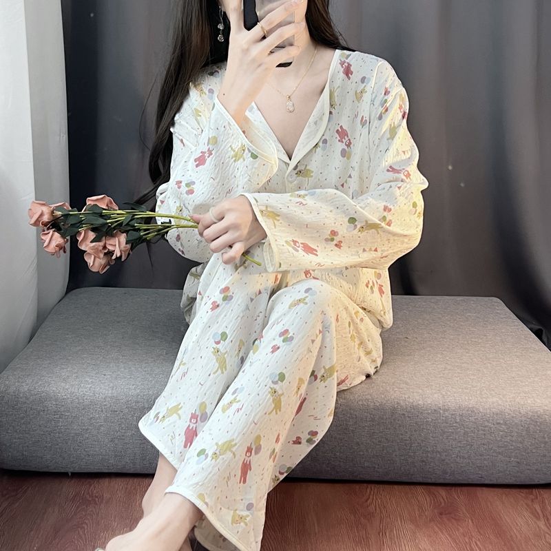 Spring and autumn ins style pajamas women long sleeves long trousers cartoon small lapel cardigan cloud cotton home clothes women's suit