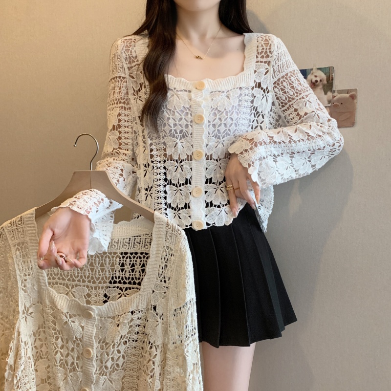 Real shot-2025 large-size women's clothing spring and summer new style fat girl fashionable age-reducing lace hollow square collar versatile top