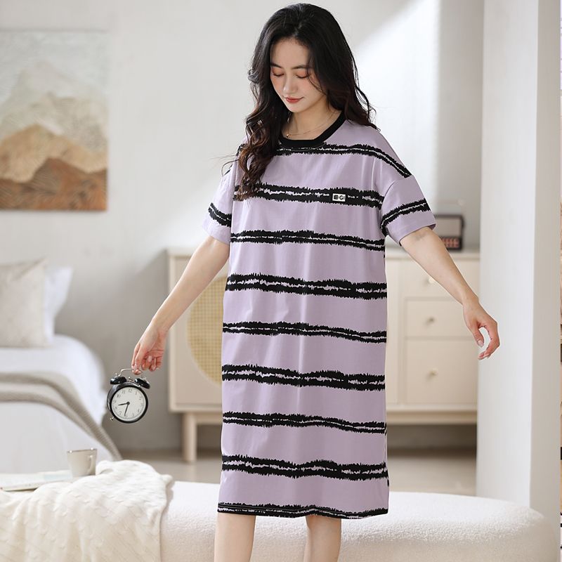 Summer pure cotton round neck short-sleeved nightgown for women casual home clothes wearing loose skirt Korean style