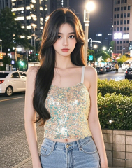 Shipped Pure Suifeng Heavy Industry Sequin with Chest Pad Sling Vest for Women