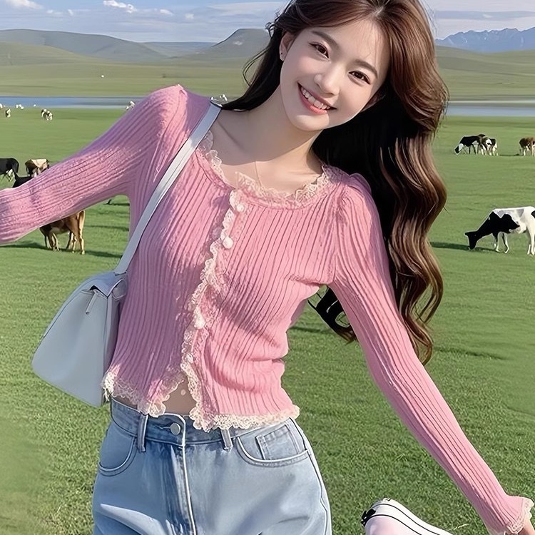 Pink lace spliced ​​sweater top for women 2025 new spring and autumn long-sleeved design unique and special base shirt