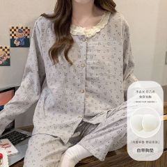 Spring cloud cotton with chest pad lace cardigan long-sleeved pajamas women's suit