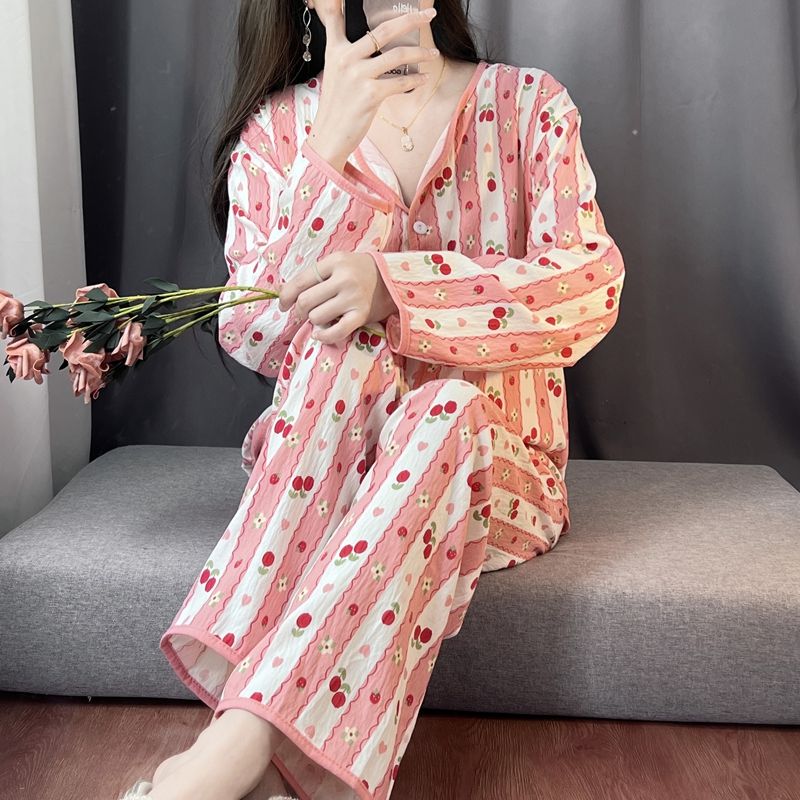 Spring and autumn ins style pajamas women long sleeves long trousers cartoon small lapel cardigan cloud cotton home clothes women's suit