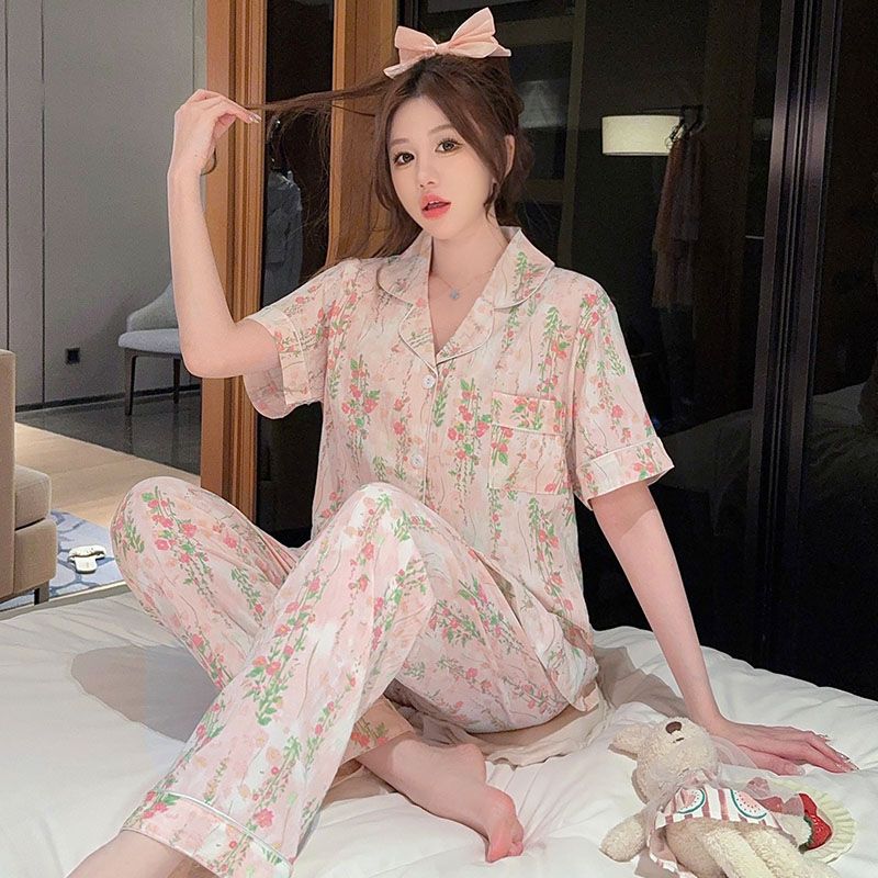 Spring imitation cotton sweet V-neck cardigan long sleeve trousers pajamas women's suit casual home clothes