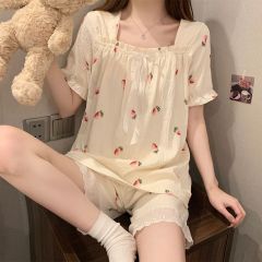 Summer cloud cotton lace lace one-shoulder short-sleeved pajamas women's suit casual home clothes