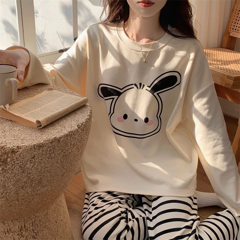 Spring pajamas with chest pad for women's long-sleeved trousers two-piece pajamas round neck pullover printed home clothes can be worn outside