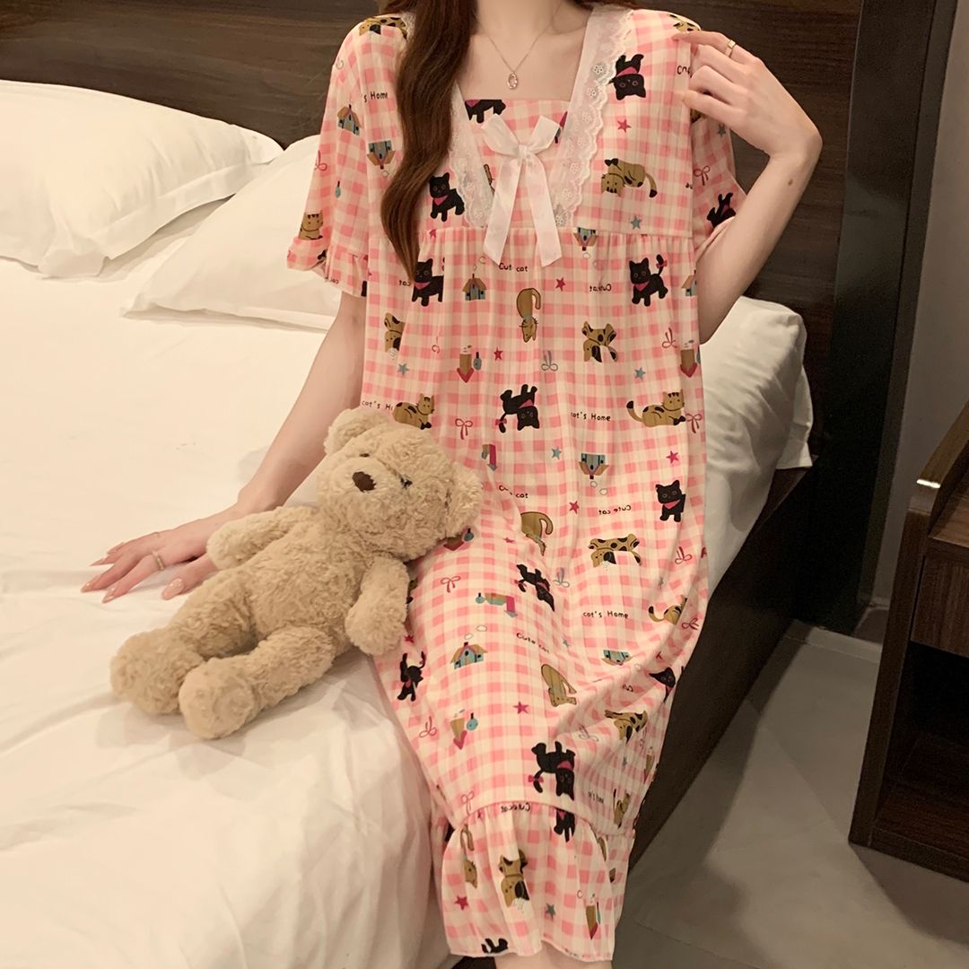 Summer milk silk pit strip lace lace square collar short-sleeved nightgown women's home clothes body dress
