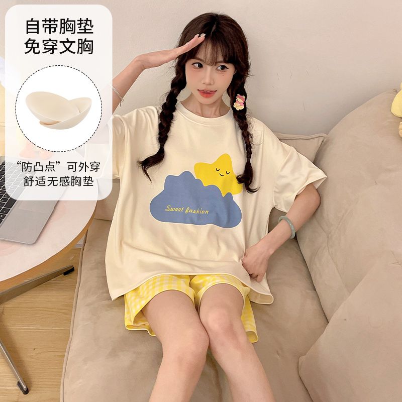 Summer imitation cotton with chest pad cartoon round neck short-sleeved pajamas women's suit casual home clothes
