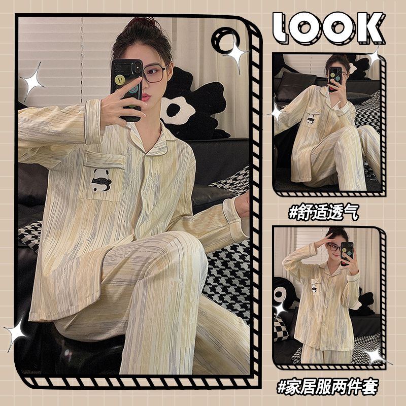 Spring and Autumn Long Sleeve Trousers Cardigan Lapel Imitation Cotton 180g Pajamas Women's Sweet Cartoon Home Clothing Women's Set