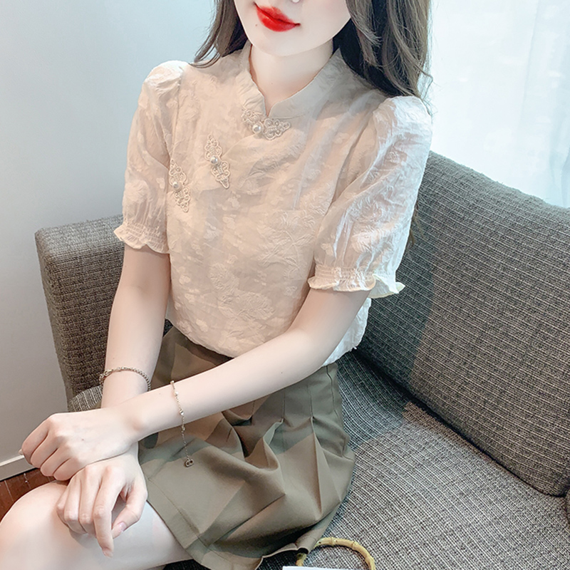 New Chinese button-up shirt for women in summer 2025 new Chinese style chic puff sleeve short-sleeved shirt top