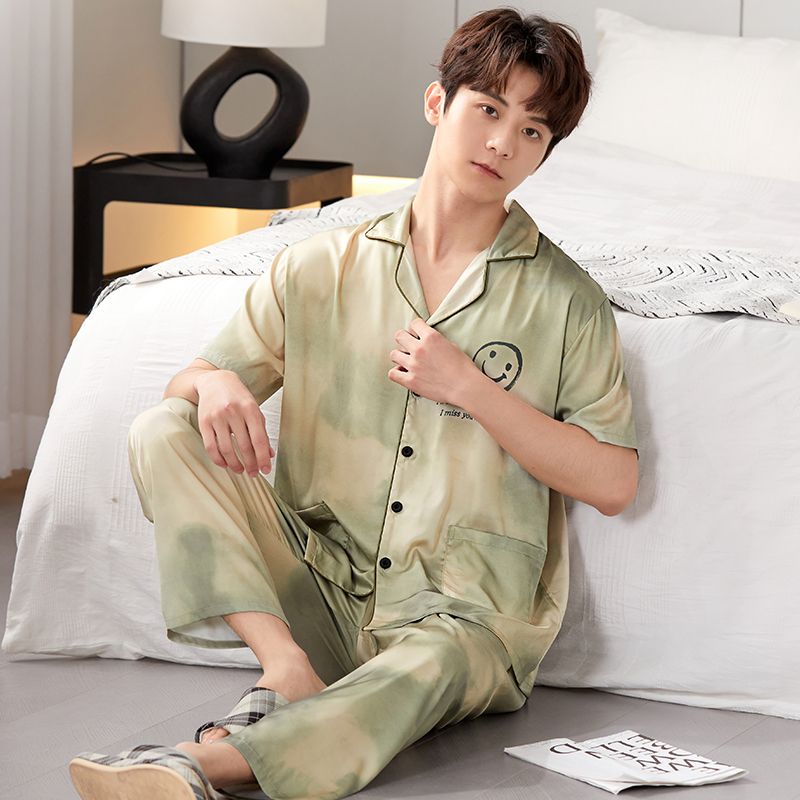 Summer ice and snow silk couple lapel cardigan shorts shorts pajamas men and women suits home clothes