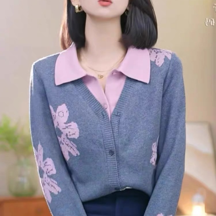 High-end top knitted cardigan polo collar fashion spliced ​​jacquard fake two-piece sweater long sleeves for women early spring new style