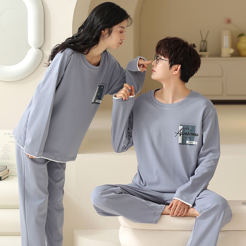 Spring pure cotton couple round neck long sleeve trousers pajamas men and women suit home casual clothing