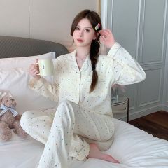 Spring cloud cotton with chest pad lapel cardigan long-sleeved pajamas women's suit home clothes