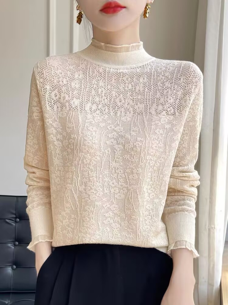 Spring dress fashionable half-turtleneck lace knitted base shirt 2025 new spring women's clothing plus size sweater