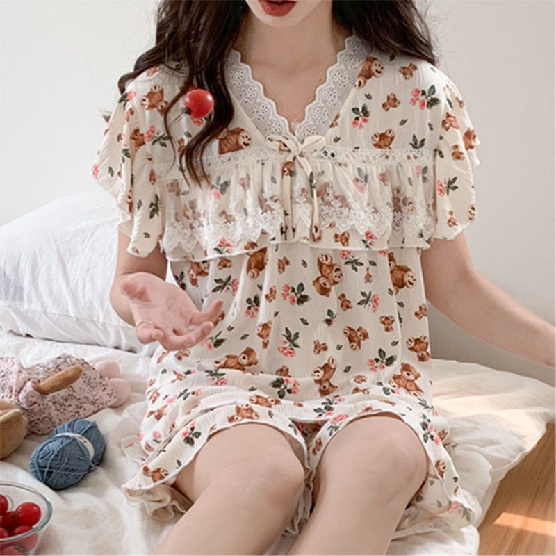 Summer imitation cotton wrinkle cloth V-neck lace shorts shorts pajamas women's suit casual home clothing