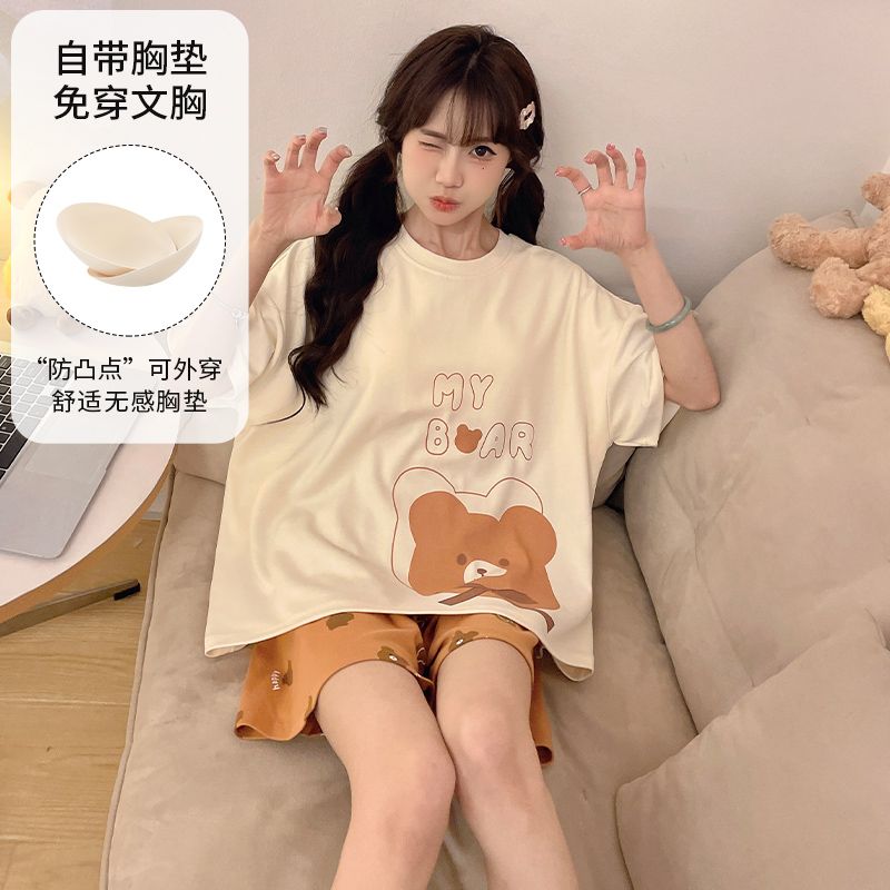 Summer imitation cotton with chest pad cartoon round neck short-sleeved pajamas women's suit casual home clothes