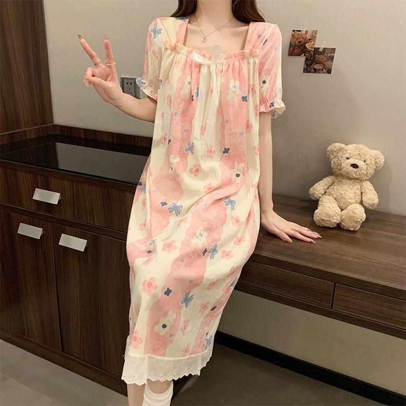 Summer cloud cotton lace lace one-shoulder short-sleeved women's nightgown loose home clothes wear outside