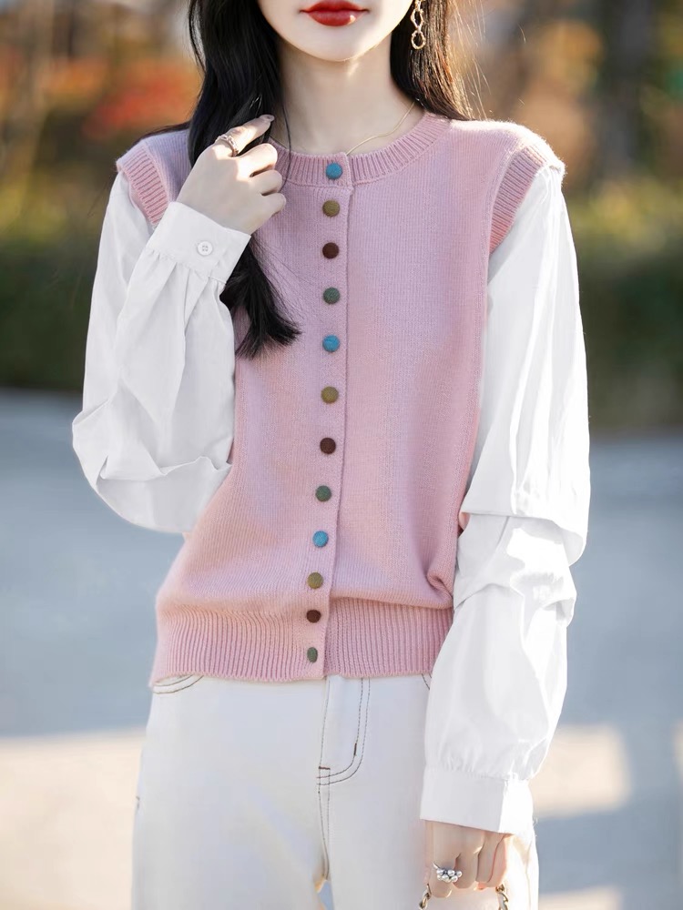 Fake two-piece shirt knitted vest for women spring and autumn style 2025 new sweater vest Korean style loose outside wear