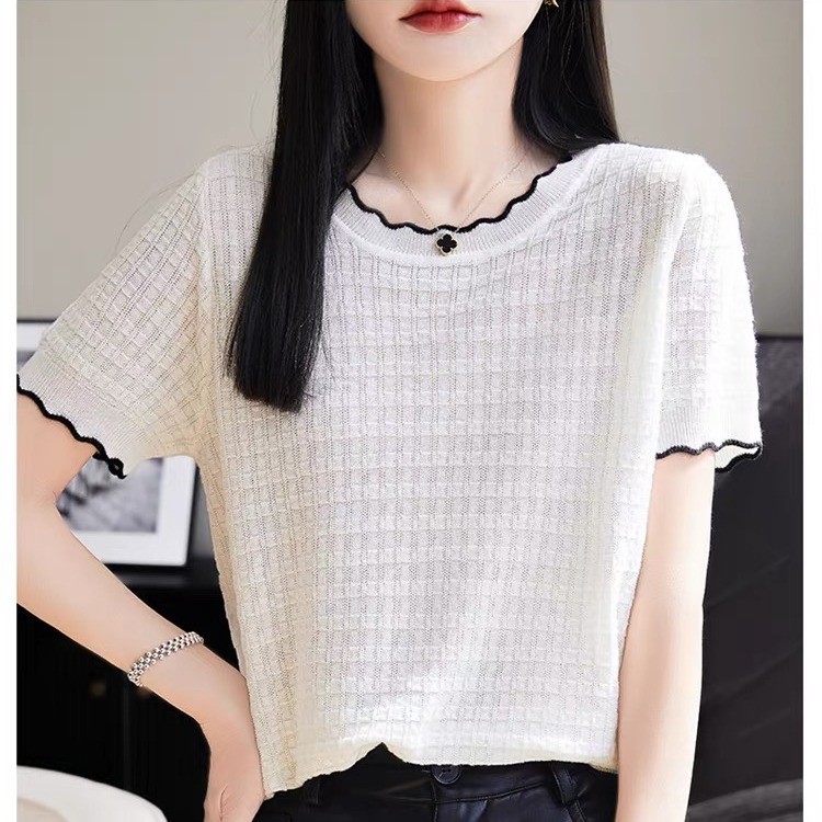 Tennis short-sleeved T-shirt for women round neck lace knitted sweater loose thin new mulberry silk half-sleeved top summer