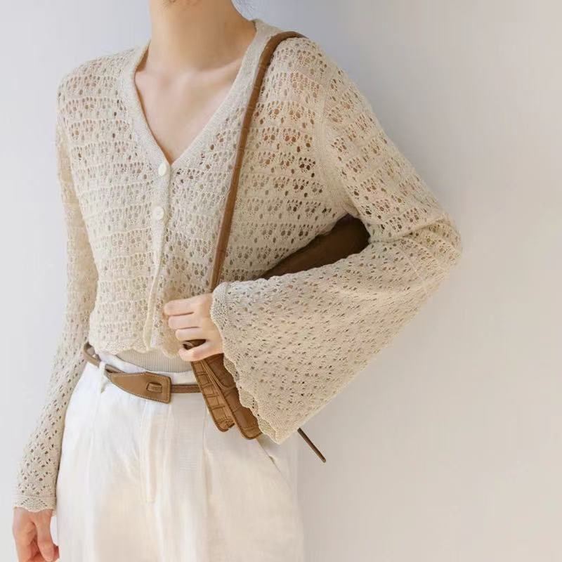 V-neck hollow flared sleeves Tennis linen knitted cardigan for women's summer long-sleeved sunscreen vest shirt short air conditioning shirt