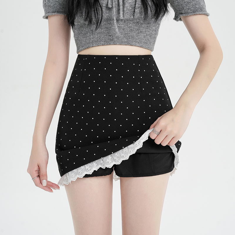 Real shot of lace lace splicing polka dot suit skirt for women 2025 spring and summer high waist slim A-line spotted short skirt