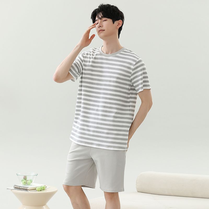 Summer imitation cotton men's round neck short sleeve shorts pajamas men's suit casual home clothes