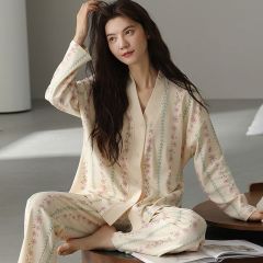 Spring imitation cotton sweet V-neck cardigan long sleeve trousers pajamas women's suit casual home clothes
