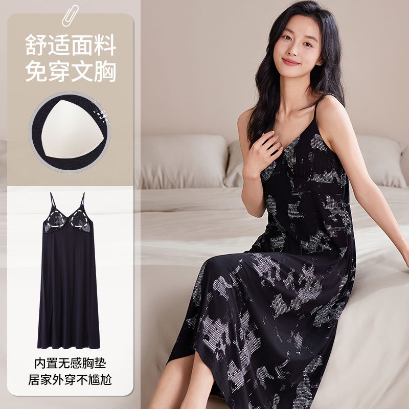 Summer modal with chest pad sexy suspender nightgown for women's home clothes casual nightgown