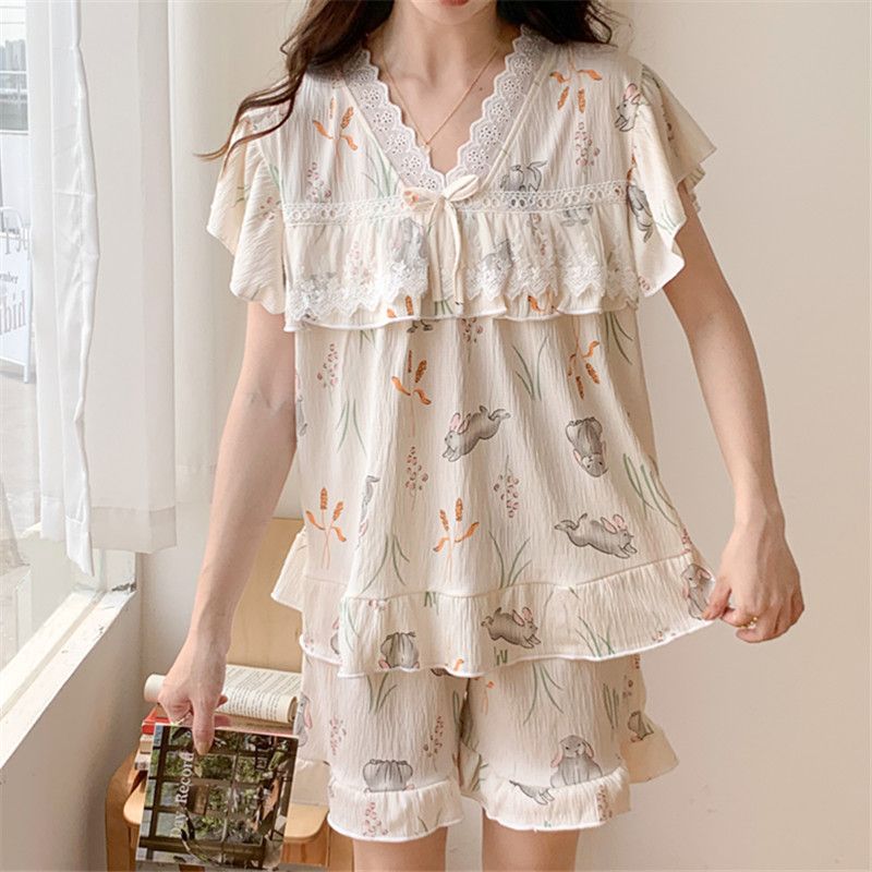Summer imitation cotton wrinkle cloth V-neck lace shorts shorts pajamas women's suit casual home clothing