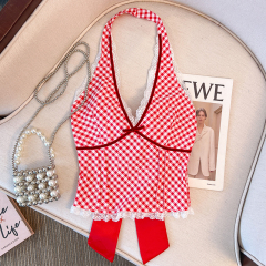 Red niche plaid vest suspender for women in summer splicing lace inner wear sexy halter neck hot girl top