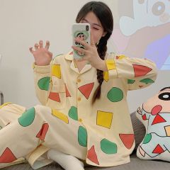 Spring and Autumn Long Sleeve Trousers Cardigan Lapel Imitation Cotton 180g Pajamas Women's Sweet Cartoon Home Clothing Women's Set