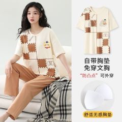 Summer tie-up imitation cotton with chest pad round neck short-sleeved trousers pajamas women's suit home clothes