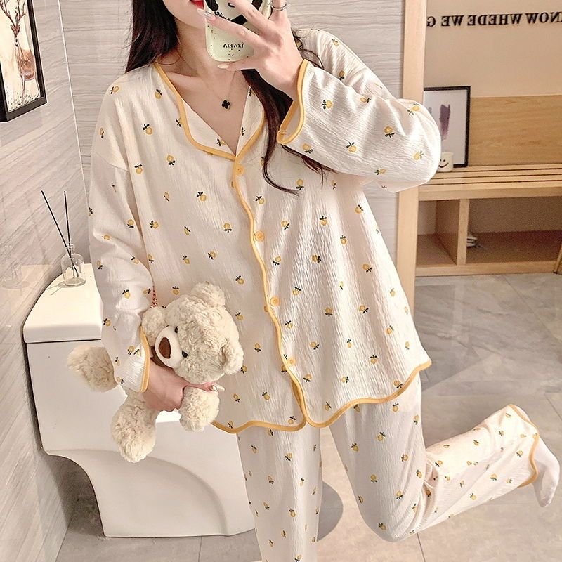 New cardigan with chest pad in spring and autumn, small fragrance style cartoon long-sleeved pajamas for women, sweet home clothes for women, can be worn outside