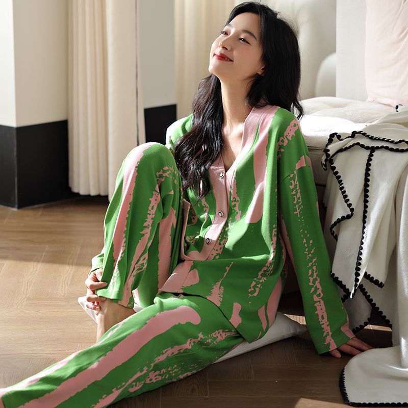 Spring imitation cotton sweet V-neck cardigan long sleeve trousers pajamas women's suit casual home clothes