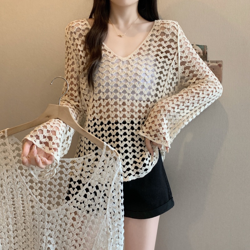 Real shot-2025 large-size women's clothing spring and summer new style fat girl fashionable age-reducing lace hollow embroidery versatile blouse