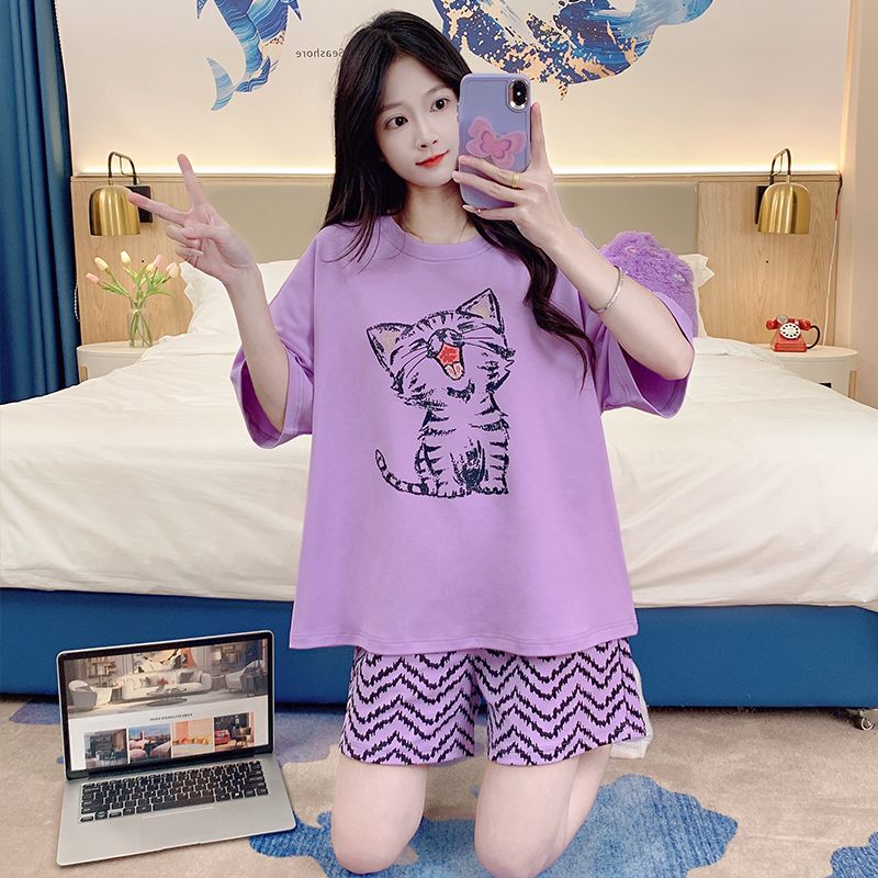 Summer tie-up imitation cotton round neck short sleeve shorts pajamas women's suit casual and comfortable home clothes