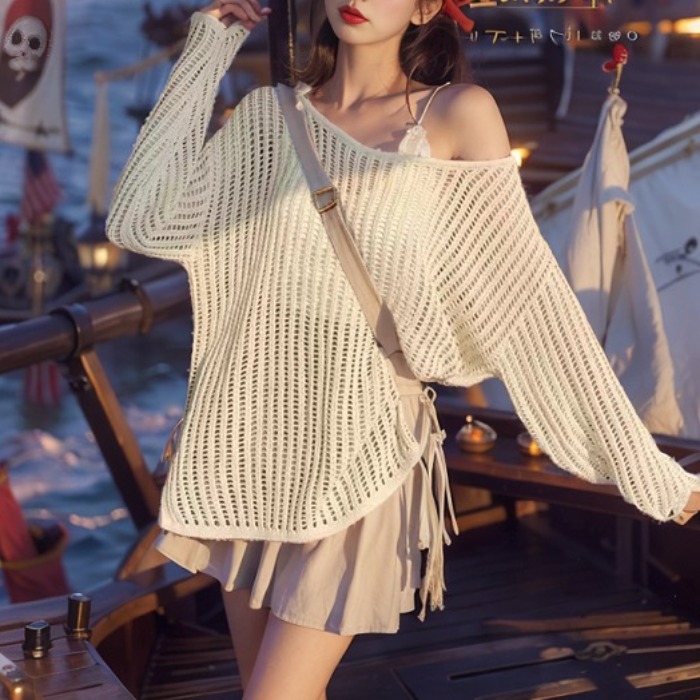 Lazy style hollow sweater for women in spring and summer thin sunscreen blouse loose casual off-shoulder outer niche top
