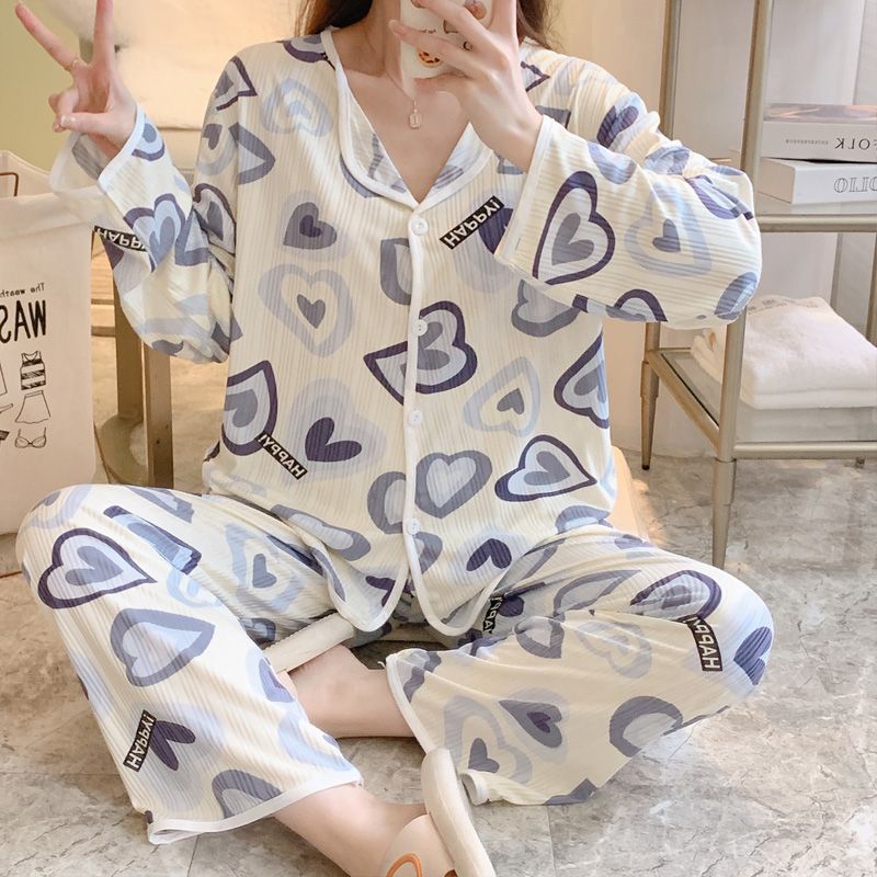 Spring and Autumn Live Pajamas Women's Cardigan Long Sleeve Trousers Milk Silk Strip Sweet Cute Home Clothing Set