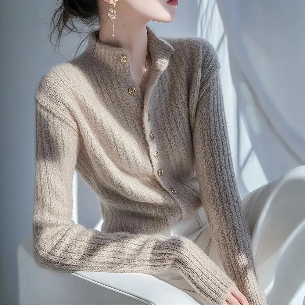 Half turtleneck knitted cardigan for women 2025 spring and autumn new style high-end and beautiful temperament sweater base shirt