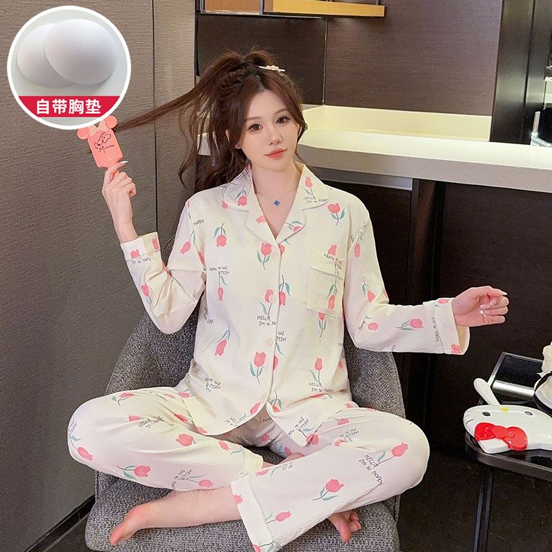 Spring cloud cotton with chest pad lapel cardigan long-sleeved pajamas women's suit home clothes
