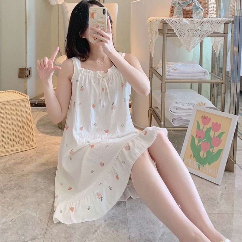 Summer cloud cotton sleeveless suspender one-shoulder nightgown women's sexy home clothes loose skirt