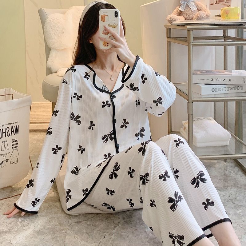 Spring and Autumn Live Pajamas Women's Cardigan Long Sleeve Trousers Milk Silk Strip Sweet Cute Home Clothing Set