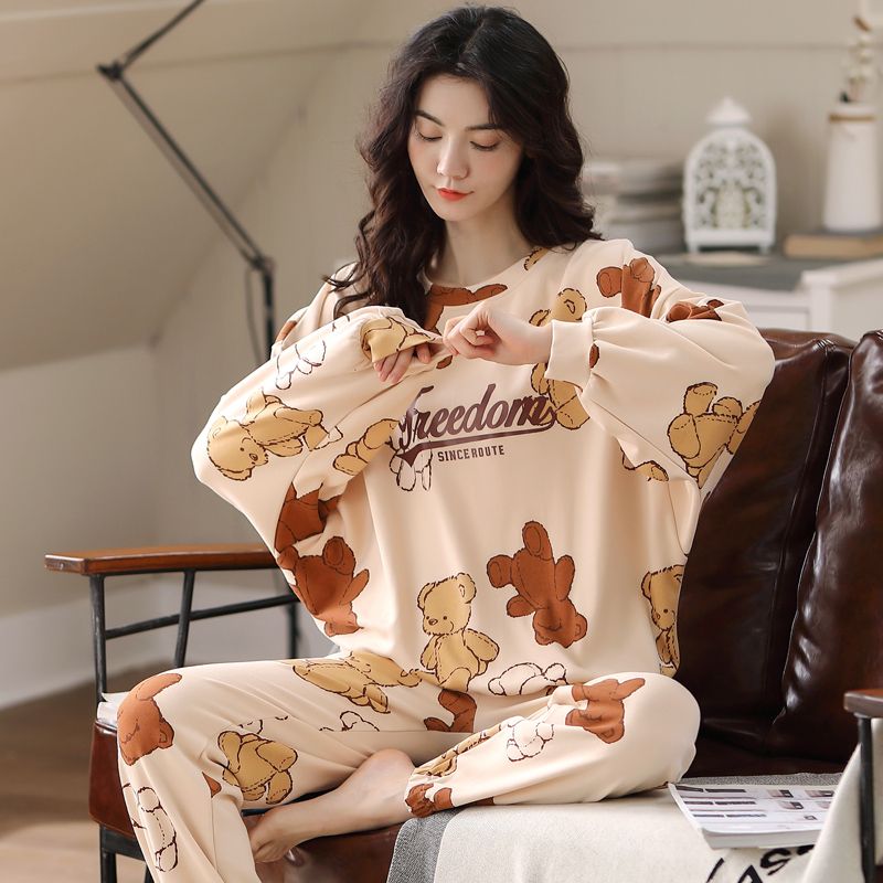 Pajamas for women in spring and autumn long sleeves thin milk silk cute cartoon two-piece set casual home clothes