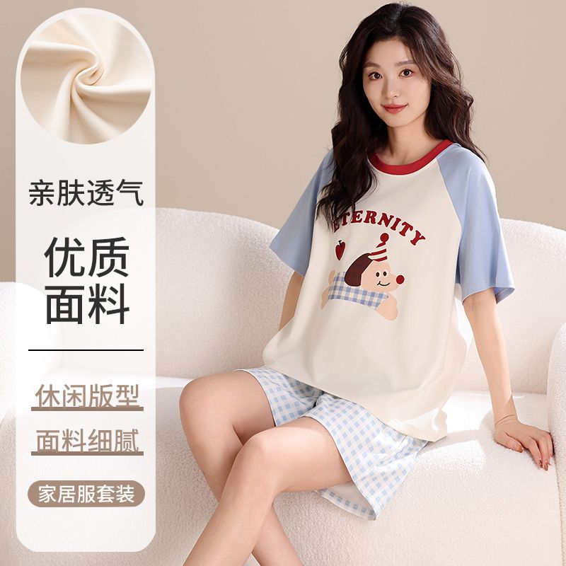 Summer pure cotton round neck short sleeve shorts pajamas women's suit casual cartoon home clothes outside wear
