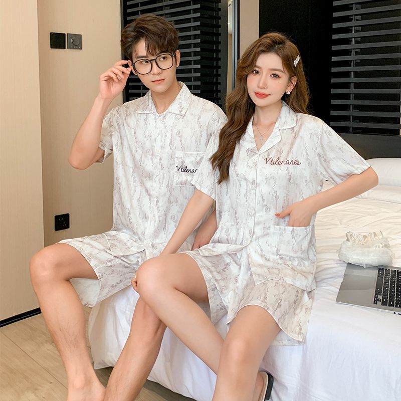 Summer ice and snow silk couple lapel cardigan shorts shorts pajamas men and women suits home clothes